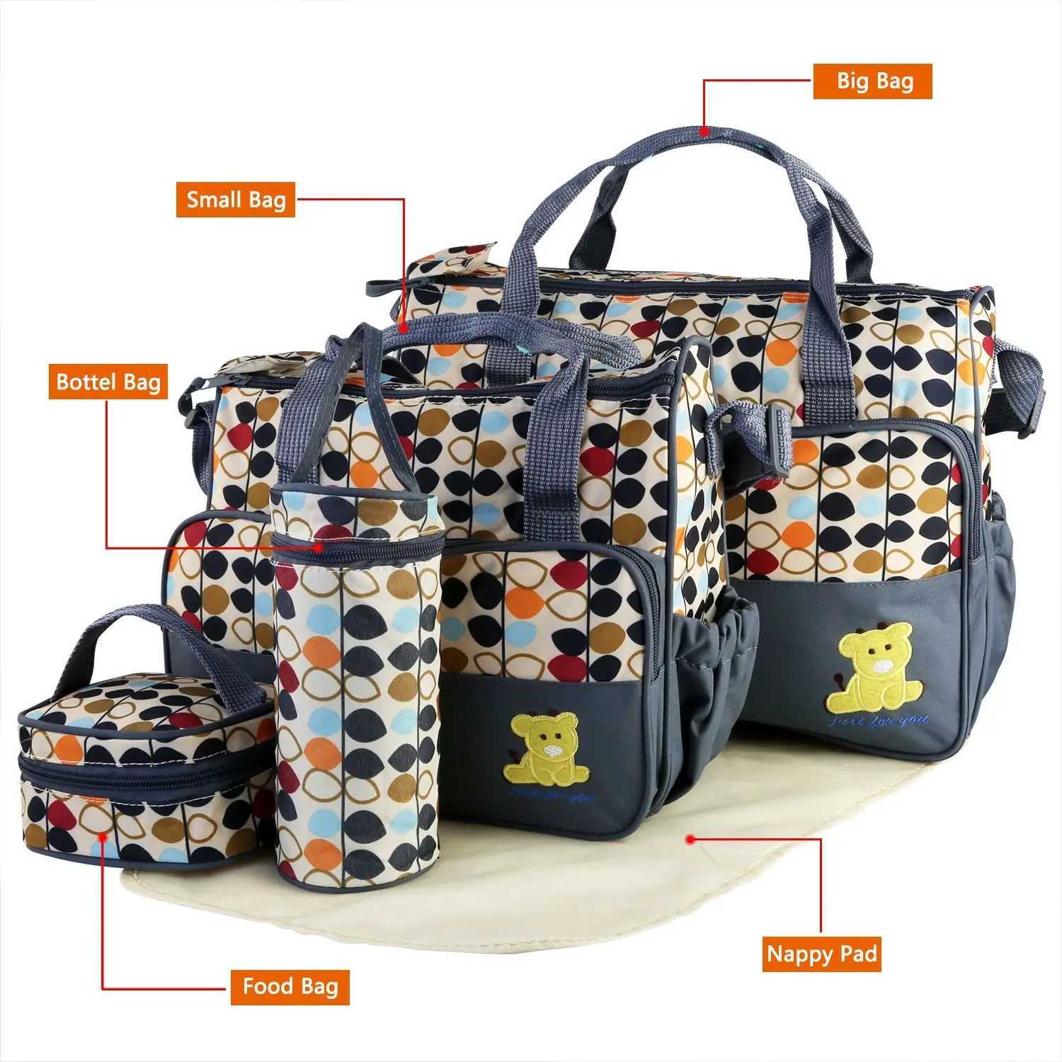 5PCS Baby Nappy Diaper Bags Set Mummy Diaper Shoulder Bags w/ Nappy Changing Pad Insulated Pockets Travel Tote BagsC250326