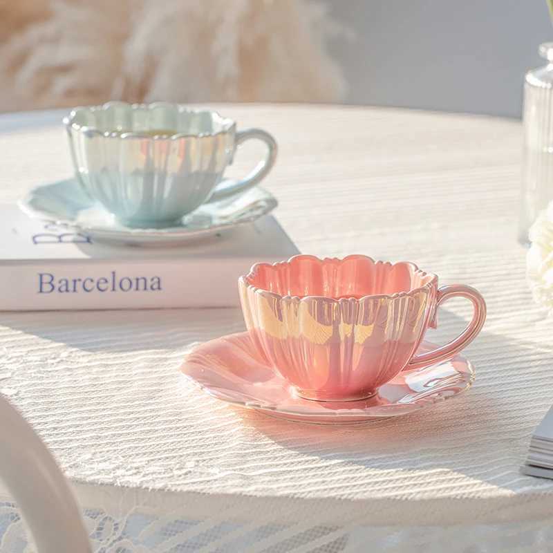 240ml Pearl White Blue Flower Petal Coffee Cups and Saucers Ceramic Pretty Tea Cup With Saucer Set Z250205