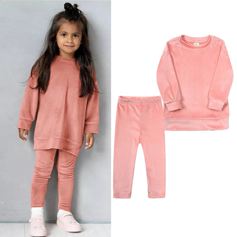 2025 Spring Kids Girl Velvet Suit Long Sleeve Pants Solid Clothes For Infant Toddler Boy Pullover Sweatshirt Set Teenage Outfits 250218