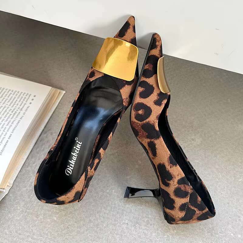 Fashion Metal Elegant Women Heeled Female Slip On Footwear Pointed Toe Shallow Ladies Thin Heels Pumps Shoes Slides