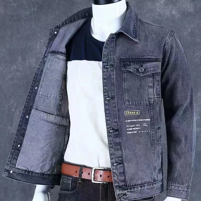 Denim Jackets Man Gray Jeans Coat for Men Wide Shoulders with Print Cargo Original Outwear Loose of Fabric G Joker Y2k 250110Z