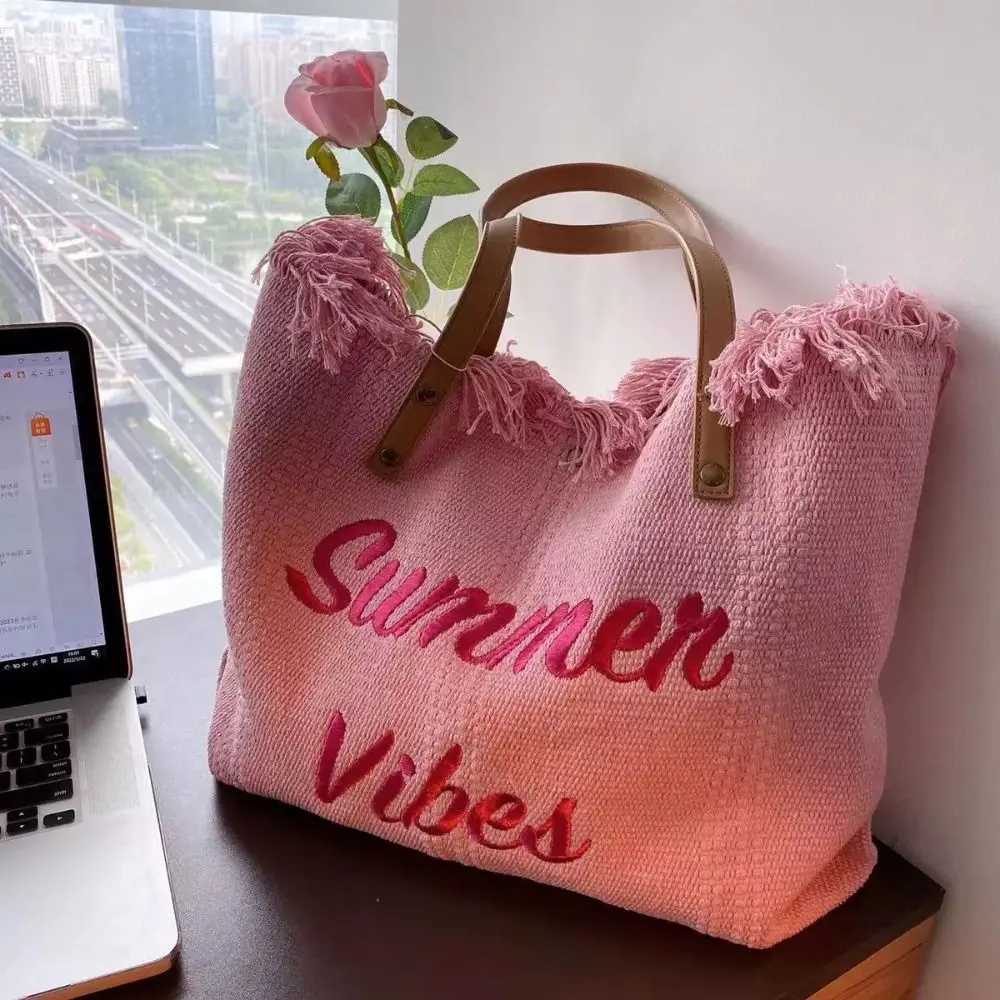 New Fashion Tassel Tote Bag Woven Canvas Bag Embroidered Alphabet Handbag Womens Large Capacity Shoulder BagC250412