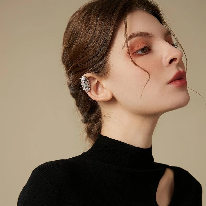 Gold Silver Color Metal Leaves Ear Clips Without Piercing For Women Sparkling Zircon Ear Cuff Clip Earrings Wedding Jewelry 250122