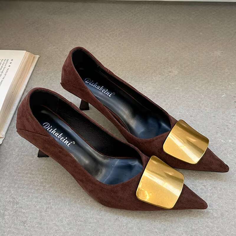Fashion Metal Elegant Women Heeled Female Slip On Footwear Pointed Toe Shallow Ladies Thin Heels Pumps Shoes Slides