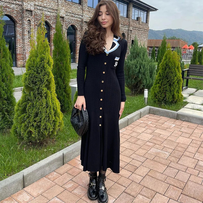 Contrast Knitted Dress Women Elegant Embroidery Lapel Long Sleeve Midi Dresses Autumn Winter Casual Single Breasted Vestido 250122