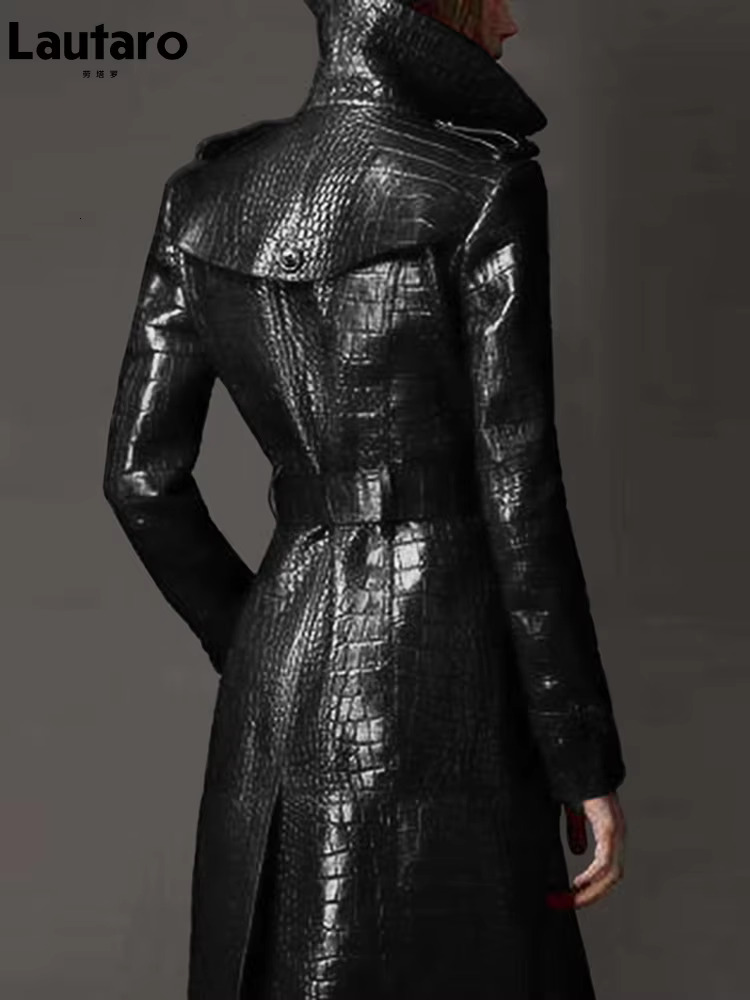 Lautaro Autumn Long Black Crocodile Pattern Pu Leather Trench Coat For Women Belt Double Breasted Stylish British Style Fashion