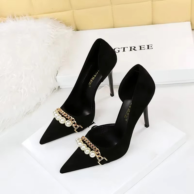 BIGTREE Shoes Elegant Heels ck 11cm Super High Autumn Pearl Metal Chain Pointed Toe Side Hollow Women Pumps