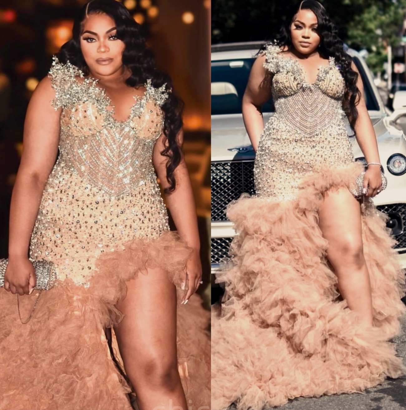 Aso Ebi Champagne Mermaid Prom Dresses 2025 Illusion Crystals Tiers Evening Formal Party Second Birthday Engagement Gowns Plus Size Dress For Special 