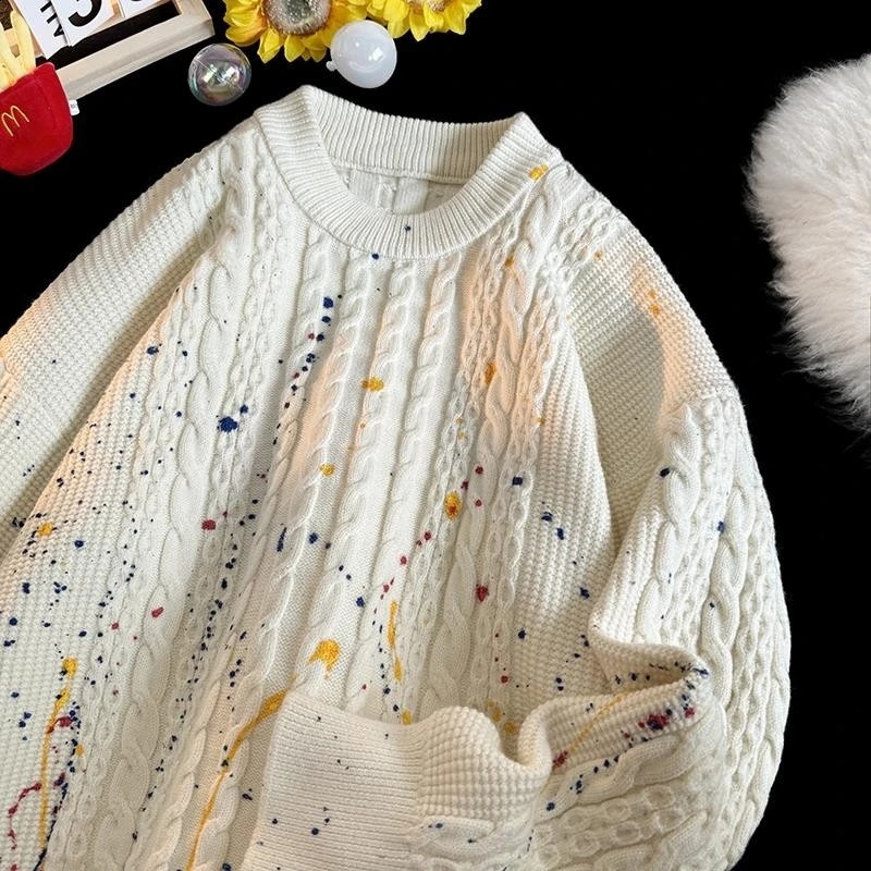 Korean Knitted Pullover Street Clothing Splashink Sweater Graffiti Twist Trend Loose Knit Top Men Women Clothes 250114Z