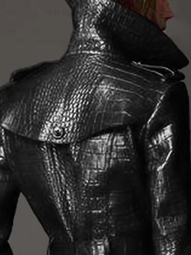 Lautaro Autumn Long Black Crocodile Pattern Pu Leather Trench Coat For Women Belt Double Breasted Stylish British Style Fashion
