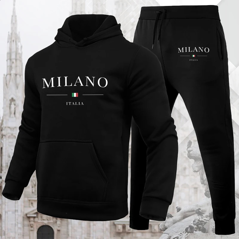 Mens Hoodie Set Milano Print Sweatshirt Sweatpant for Male Hooded Tops Jogging Trousers Suit Casual Streetwear Tracksuit 250117