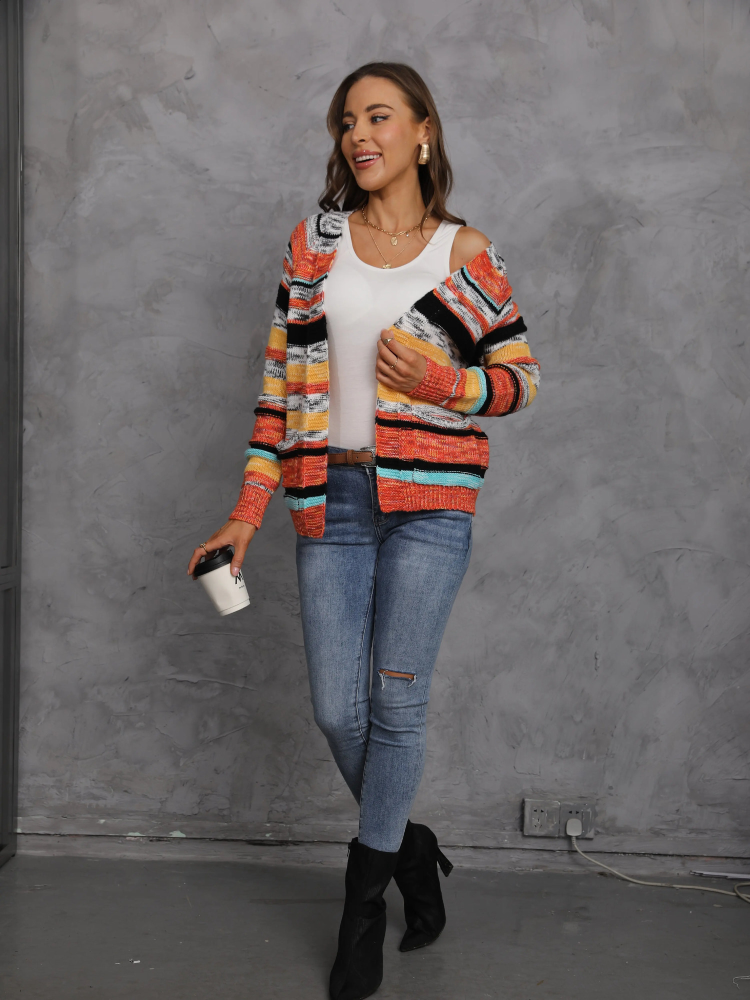 Womens Rainbow Stripes Sweater Knitted Cardigan Korean Casual Coat Spring Autumn Long Sleeve Jacket Shawl Ladies Tops 250118
