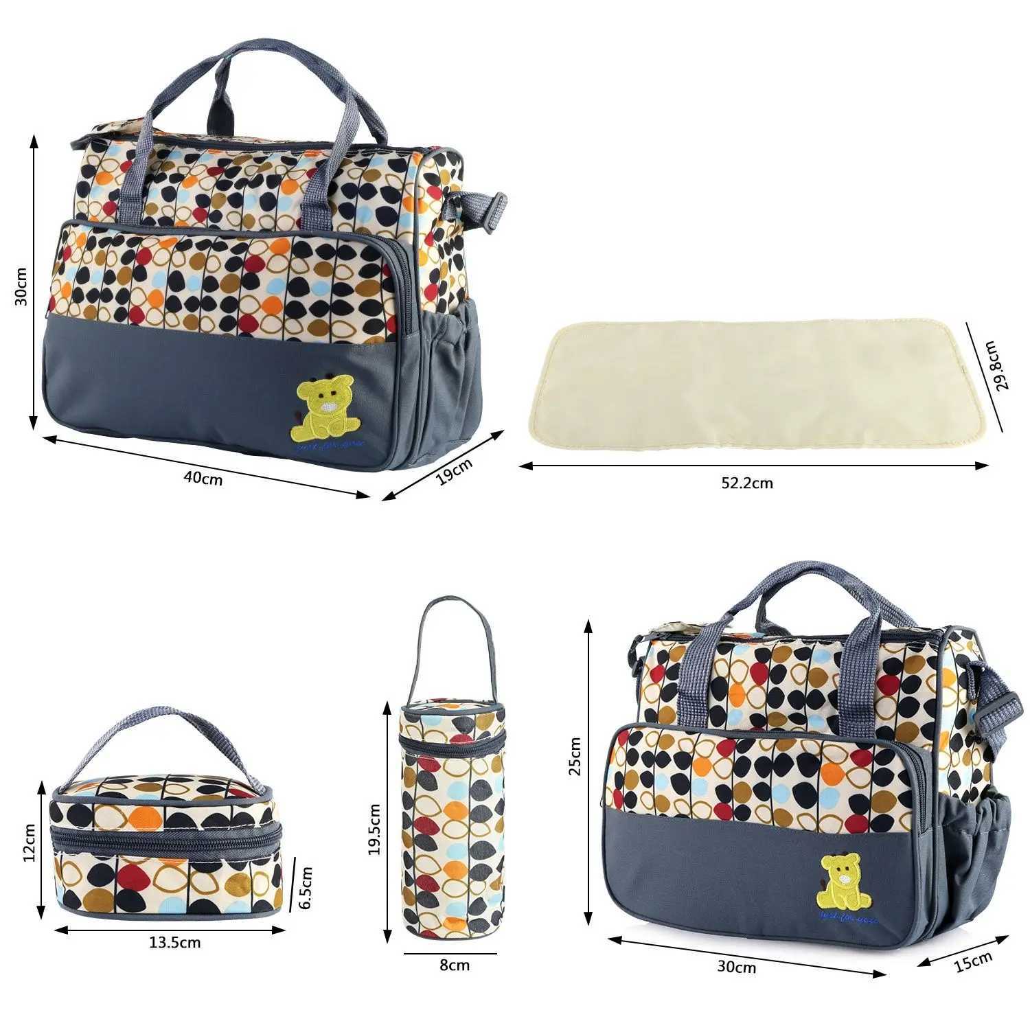 5PCS Baby Nappy Diaper Bags Set Mummy Diaper Shoulder Bags w/ Nappy Changing Pad Insulated Pockets Travel Tote BagsC250326