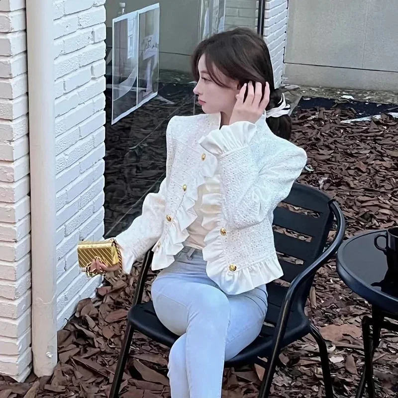 Ruffles Tweed Short Jackets n Coats Women Korean Double Breasted Chaquetas Cropped Tops Casual Slim Elegant Casacas 250120