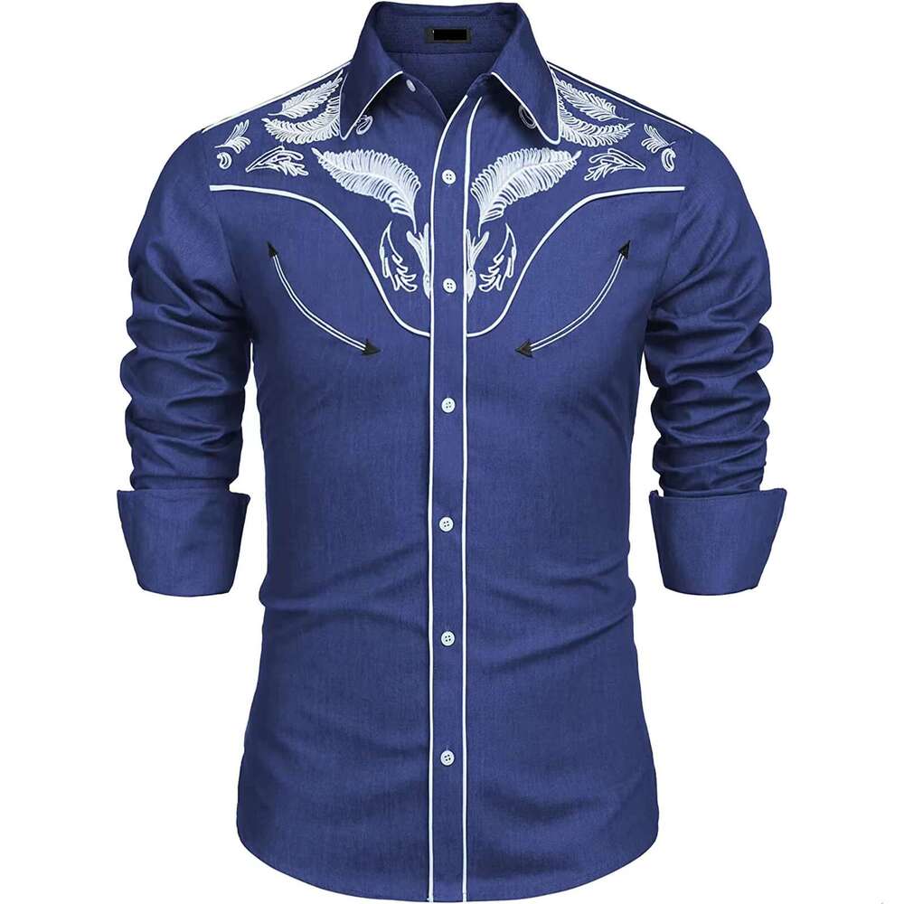 2024 New Western Cowboy Men's Top Fashion Long Sleeve Slim Print Personality Clothing Social Shirt For Men