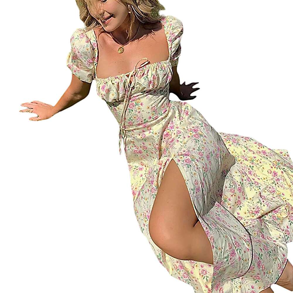 Summer For Women 2024 New Boho Rope Fashion ral Printed Lace Up Chest Female Clothing Elegant Short Sleeve Party Dress R250205