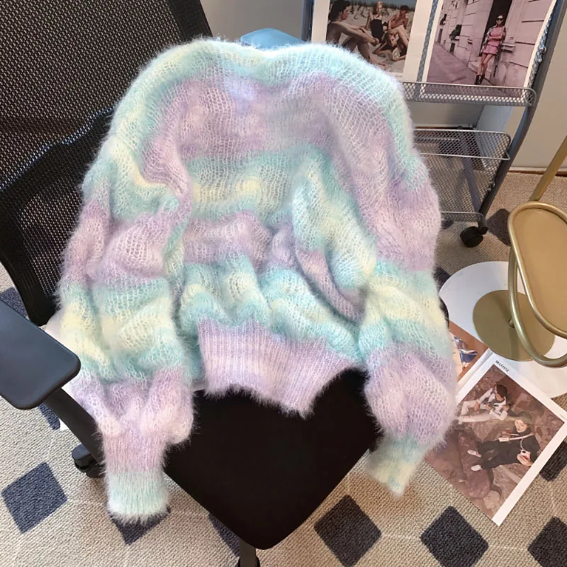 Soft Age Reduction Rainbow Gradient Sweater Womens Premium Feeling Autumn Breeze Mohier Knitted Open Knitted Woolen Sweater Thickened 250118