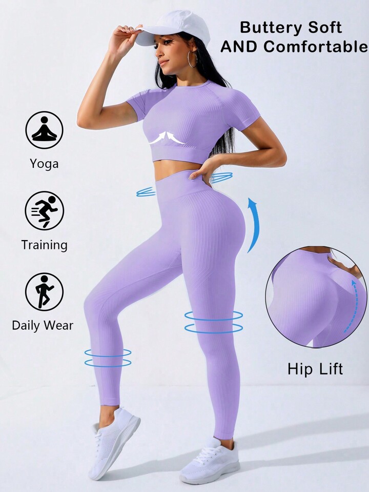 High quality fashionable thread seamless casual yoga set for Western women short sleeved peach hip pants fitness suit training and sports set