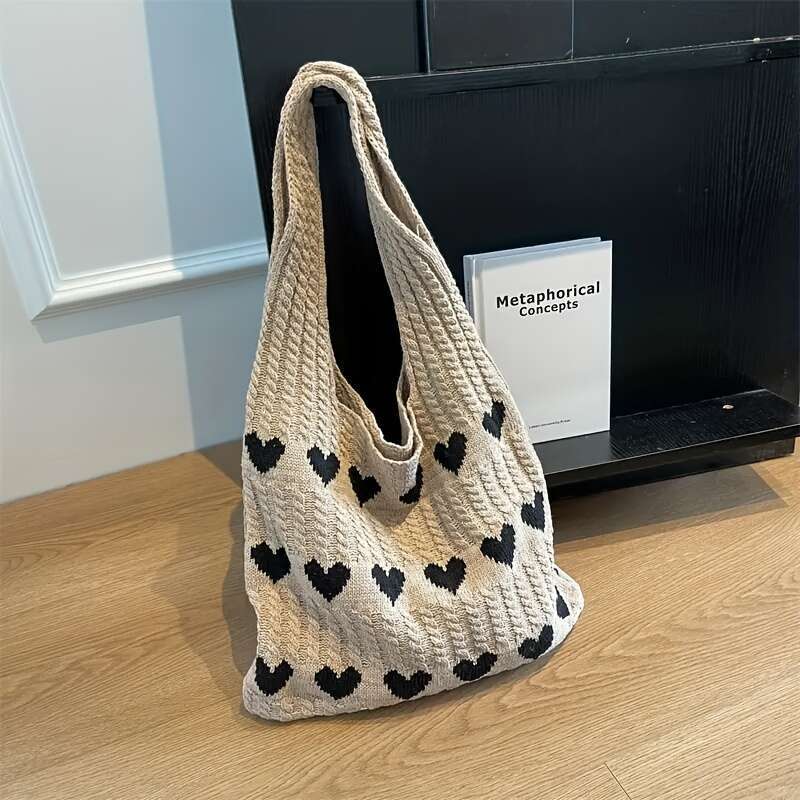 Geometric Love Heart Pattern Crocheted Tote - Durable Casual Shoulder Bag for Women