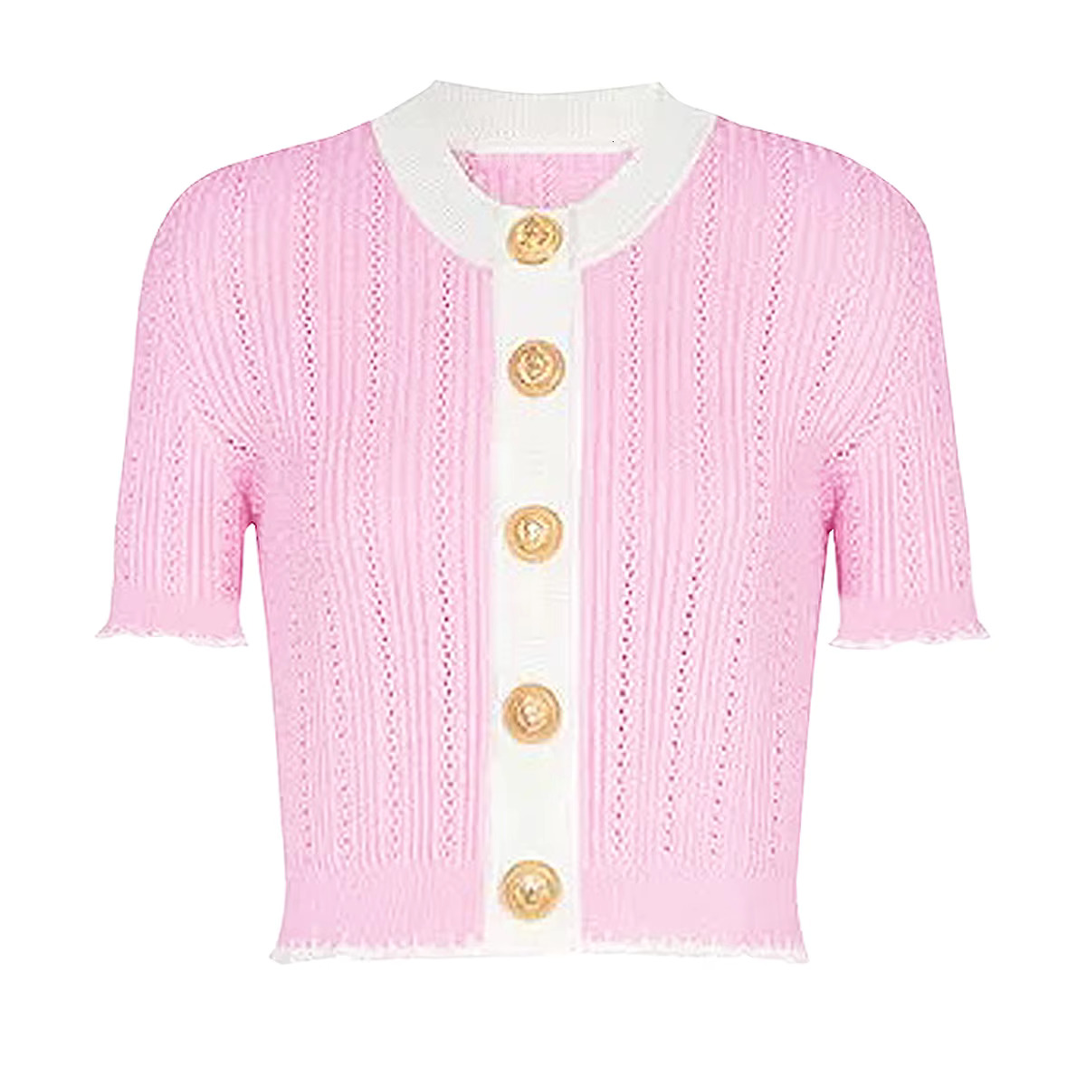 SML High Quality Four Color Fashion New Knitted Elastic Fabric Open Thread Lace Short Sleeve Round Neck Slim Fit Women Cardigan