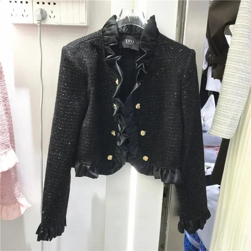 Ruffles Tweed Short Jackets n Coats Women Korean Double Breasted Chaquetas Cropped Tops Casual Slim Elegant Casacas 250120