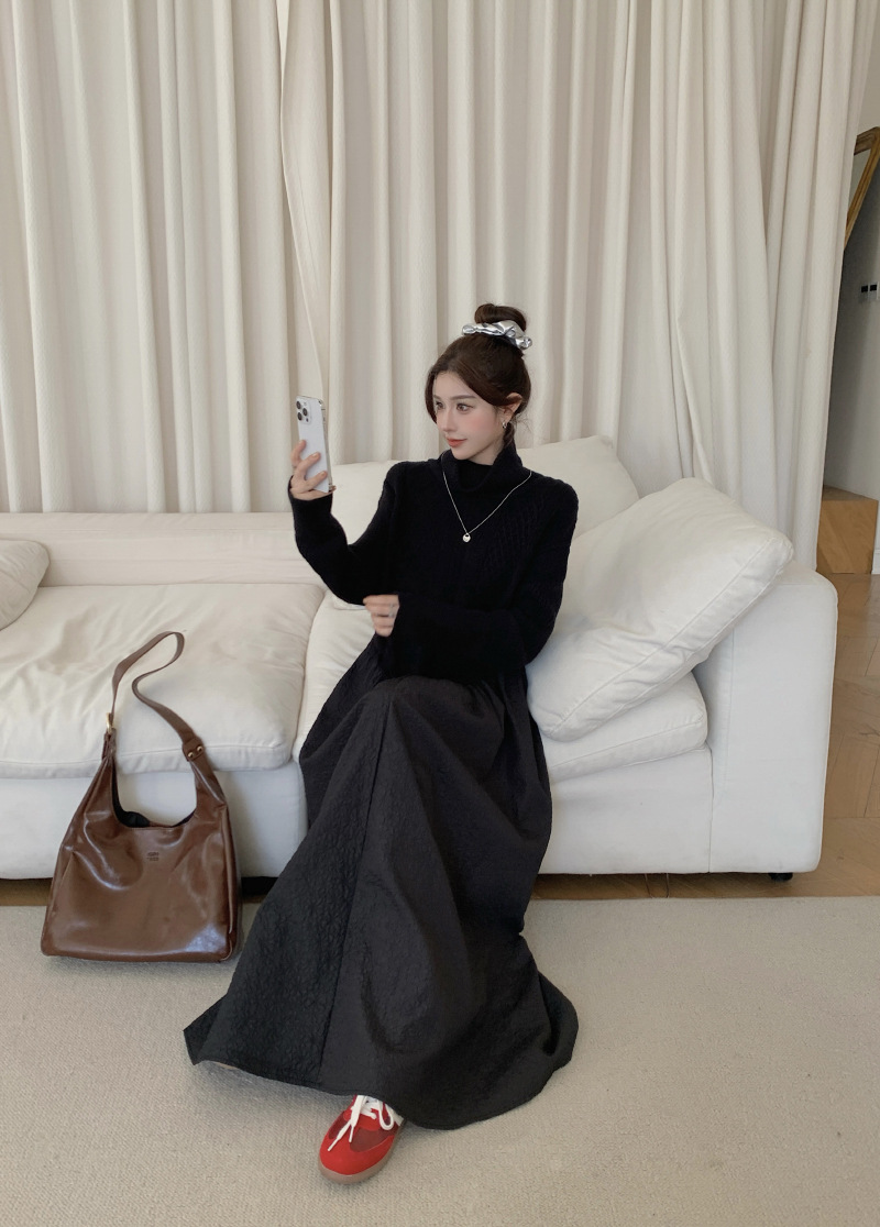 X6120 Autumn and winter large size loose high collar stitching knitted skirt long slim European and American style dress