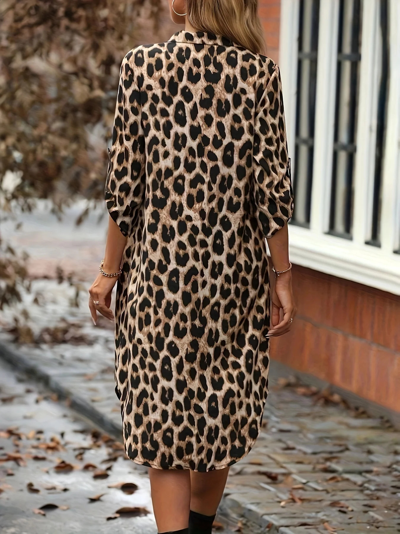 Elegant Womens Summer Leopard Shirt Dress Casual Loose Turn Down Collar Mid Calf Straight Long Dresses 250122