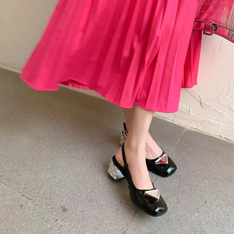 KHOU Fashion Pumps New High Quality Round Toe Shallow Mouth Crystal Buckle Middle Leather Shoes Open Heel Sandals