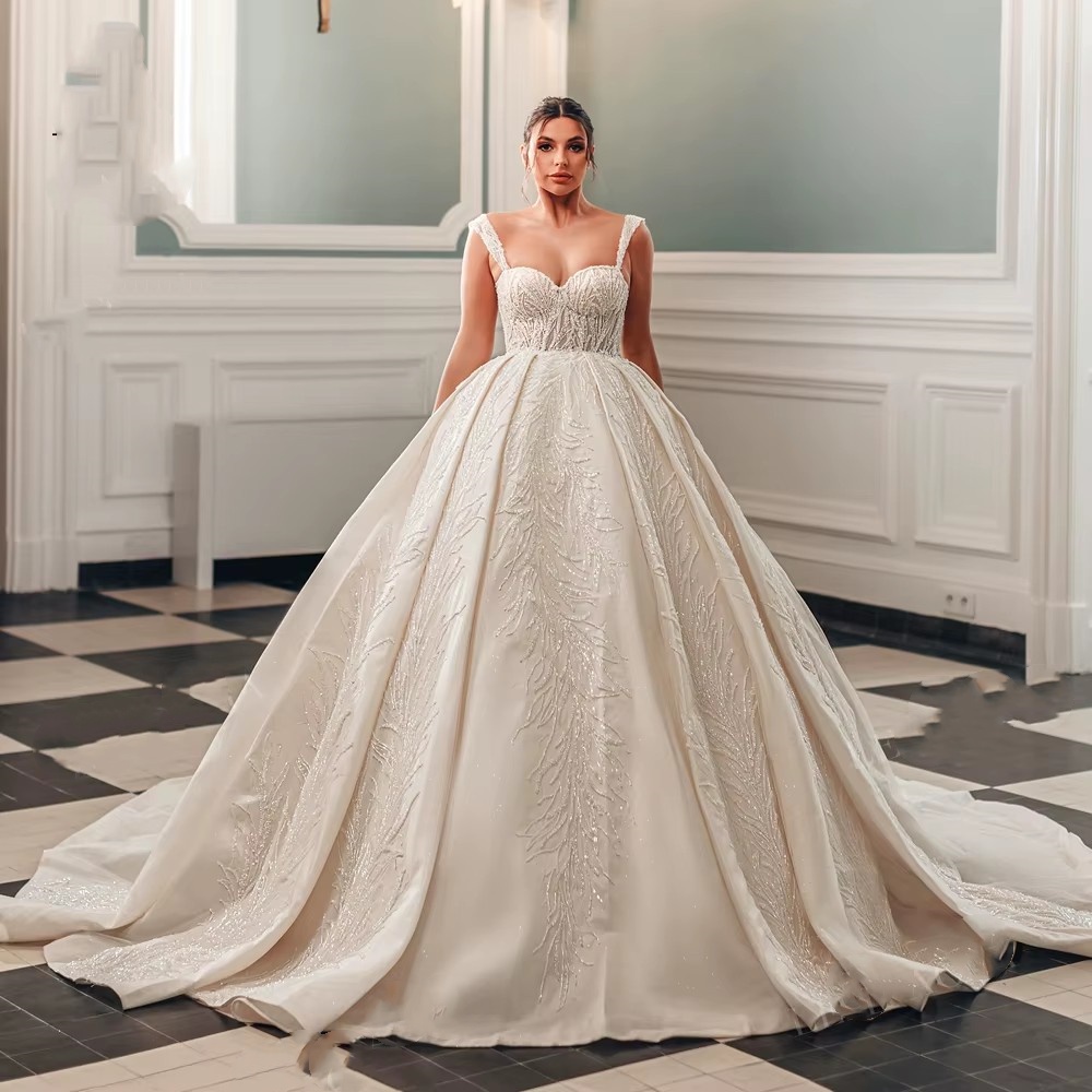 Classic A e Bridal Dress Sequins Wedding Sweetheart Neck Spaghetti Strap Sleeveless Gown Sweep Train Customized Dresses Vestido De Novia