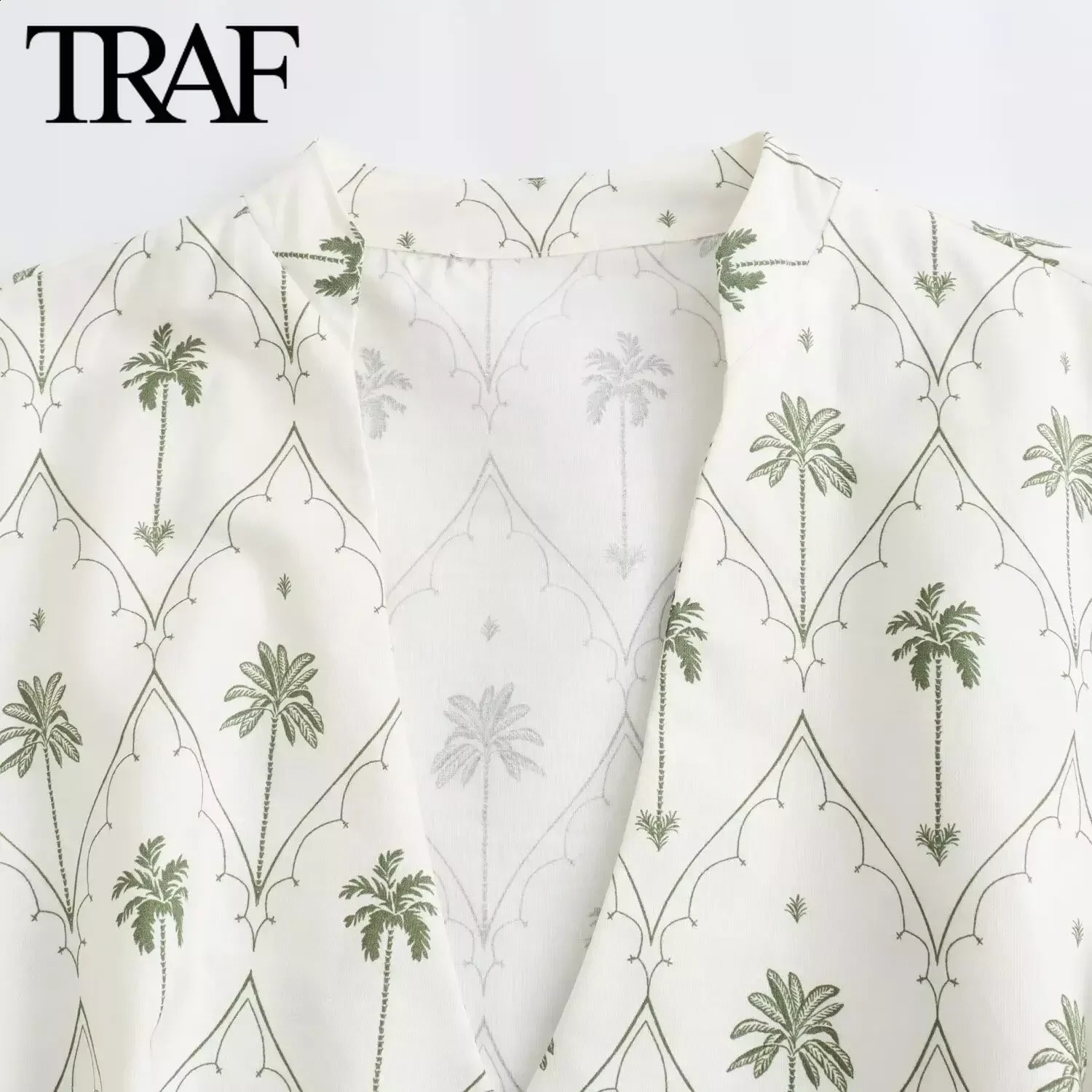 TRAF Women Fashion Spring Summer Vintage Printed Long-sleeved V-Neck Belt Dress French Chic Female Mini Evening Clothing 250122