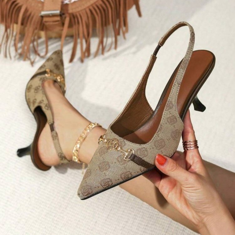 New Europe and the United States large size women's shoes fashion thin heel shallow mouth after the deep pattern pattern iron buckle comfortable 
