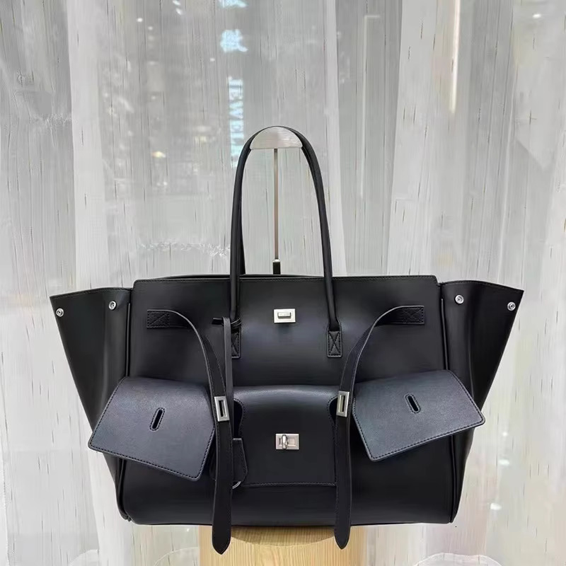 Black Brand Motorcycle Tote Large Capacity Women Leather Sliver Buckle Design Shoulder Handbag White Shopper Bag