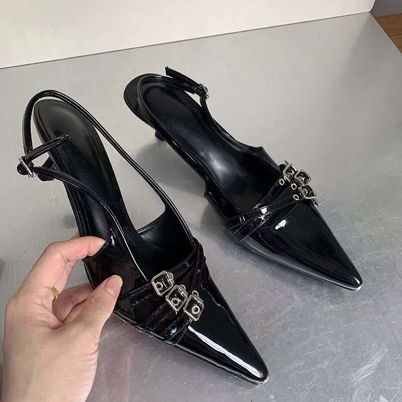 Ladies High Slides For Sandals Fashion Wine Red Women Thin Heels Shoes Buckle Strap Shallow Female Pumps Footwear
