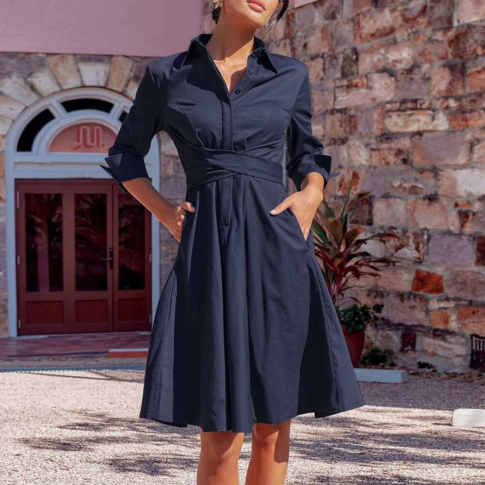 Women Strappy Shirt Solid Color Lapel V Neck Large Hem Button Front Long Sleeve Commuting Dress R250205