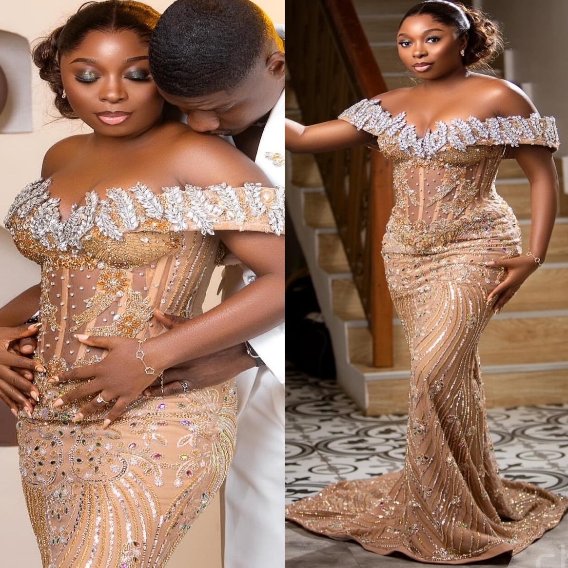 Aso Ebi Gold Mermaid Prom Dresses 2025 Illusion Crystals Sequined Evening Formal Party Second Birthday Engagement Gowns Plus Size Dress For Special Oc