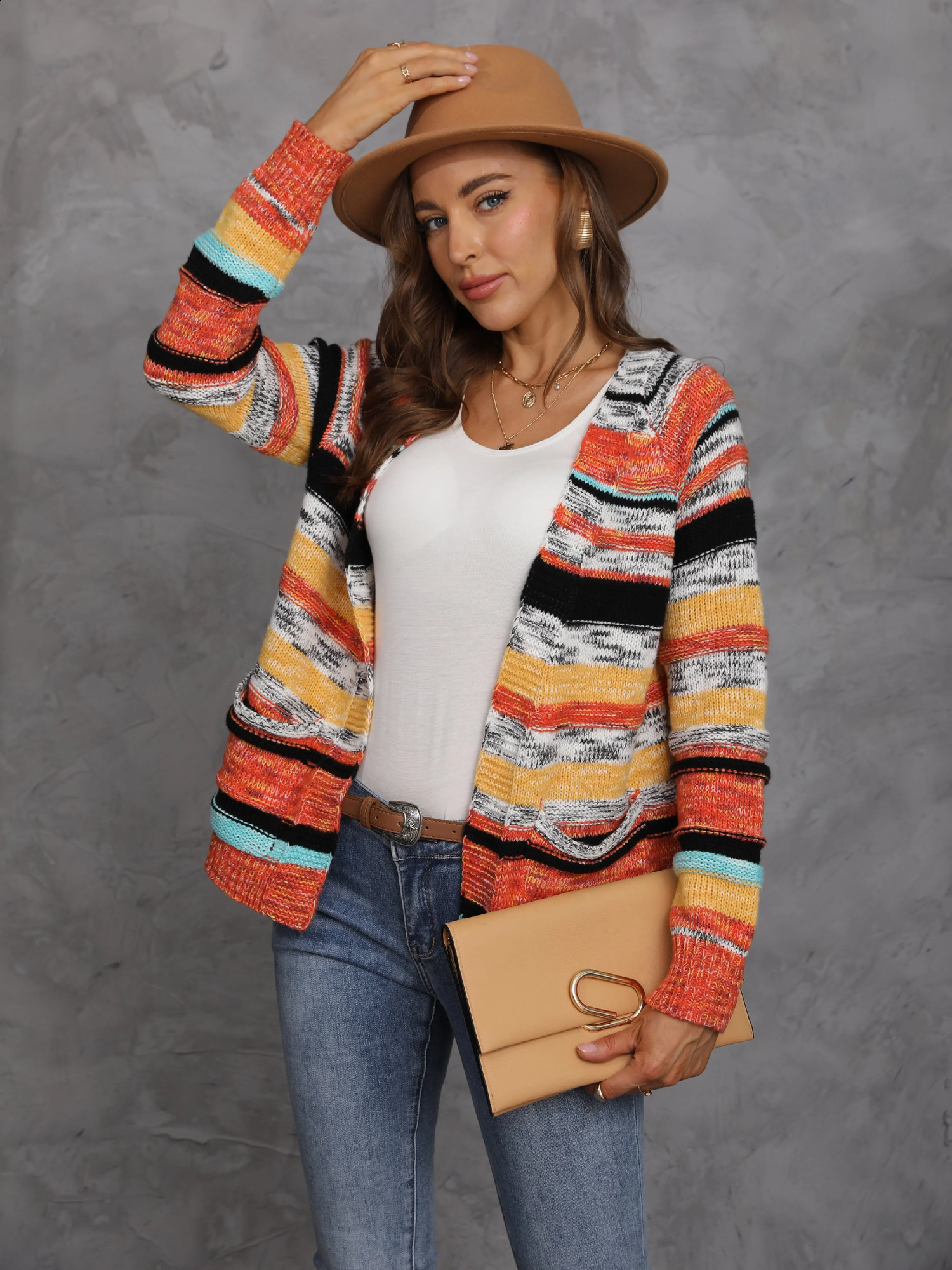 Womens Rainbow Stripes Sweater Knitted Cardigan Korean Casual Coat Spring Autumn Long Sleeve Jacket Shawl Ladies Tops 250118