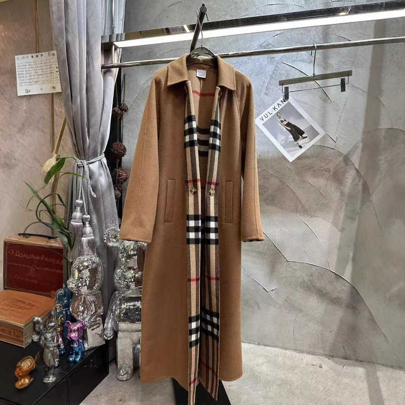 Designer Women's Trench Coats classic grid 2024 autumn and winter new style high-end temperament double-sided hand sewn cashmere wool long coat jacket