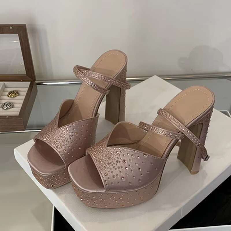 Liyke Fashion Rhie High Heels Women Sexy Sandals Crystal Silk Ankle Strap Female Square Toe Chunky Platform Shoes Black