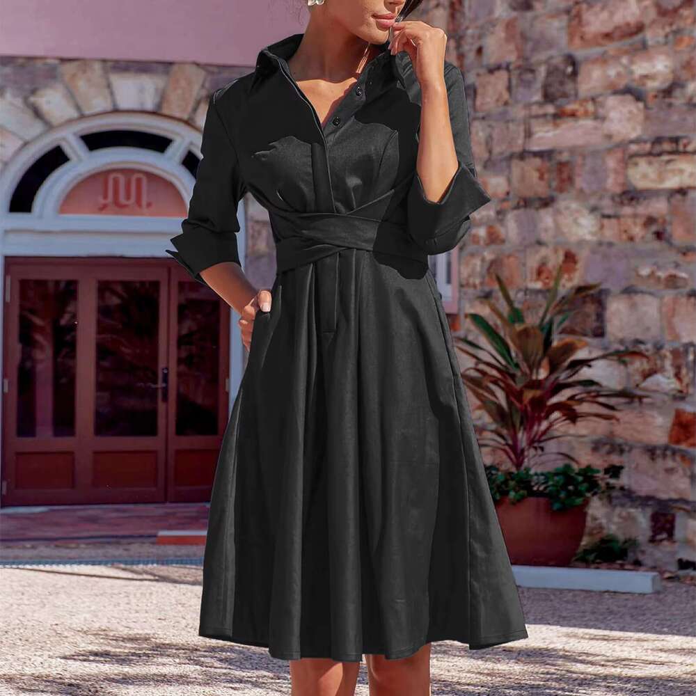 Women Strappy Shirt Solid Color Lapel V Neck Large Hem Button Front Long Sleeve Commuting Dress R250205