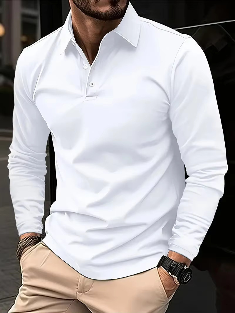 Spring And Autumn Men's Street Fashion Designer T-shirt With Collar Buttons Solid Color T-shirt High-end Casual And Comfortable Sports Long Sleev