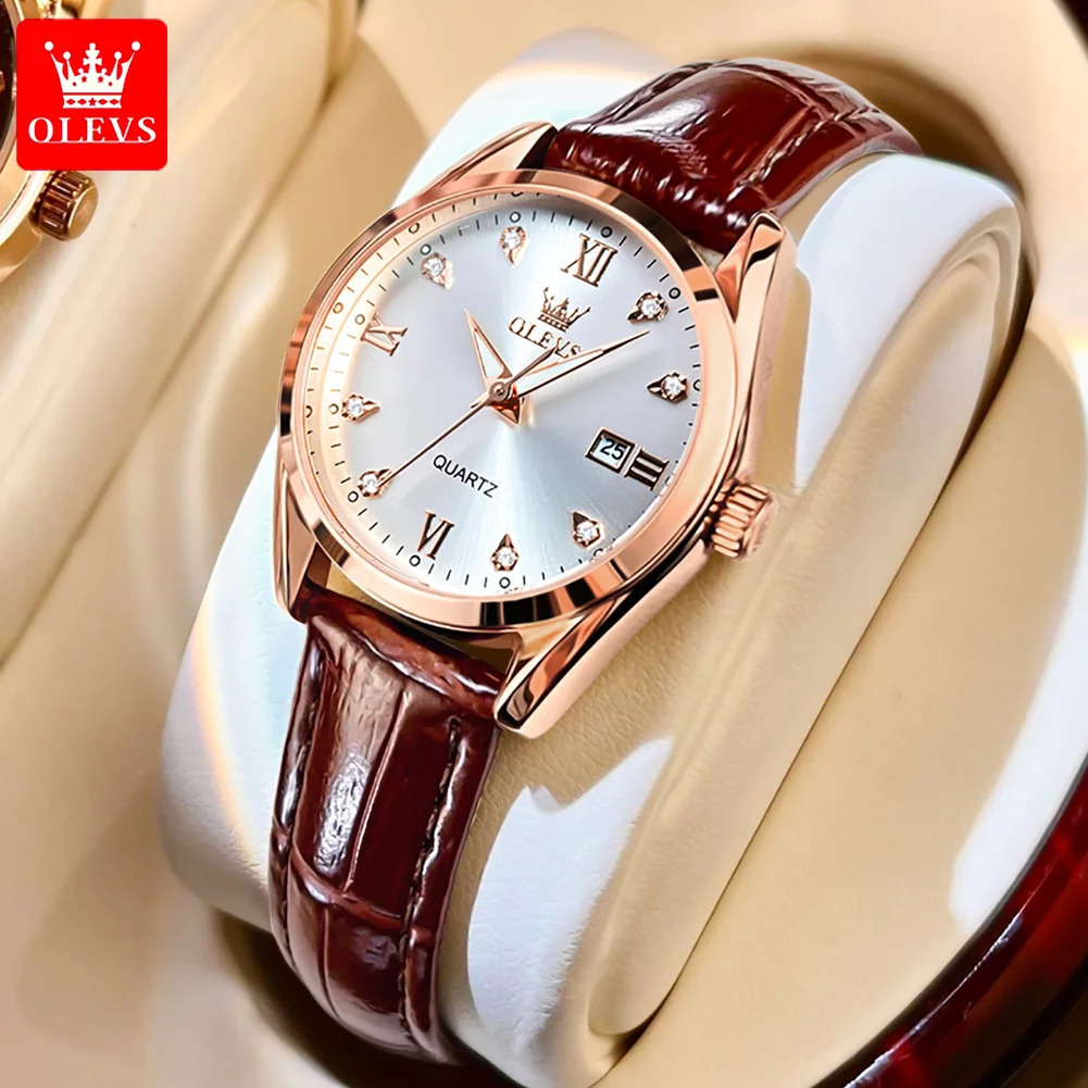 OLEVS Classics Leather Strap Quartz Watch for Women Fashion Elegant Diamond Ladies Watch Waterproof Date Womens Quartz Watch 250121