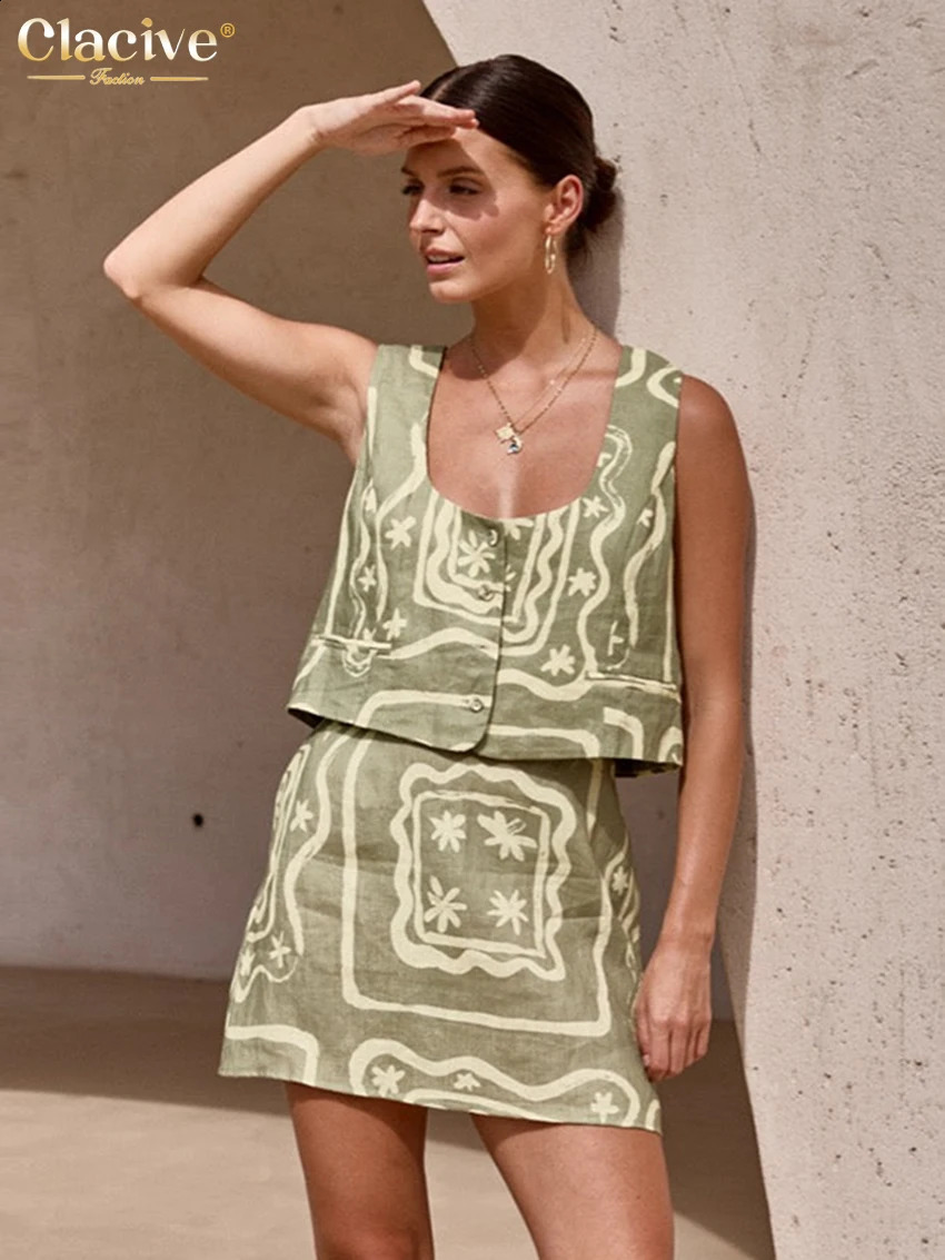 Clacive Sexy Loose Print 2 Piece Sets Women Outfit Summer Sleeveless Tank Top With High Waist Mini Skirts Set Female Streetwear 250113