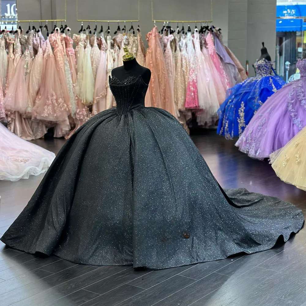 Luxury Black Quinceanera Dresses Glitter Ball Gown Sweetheart Crystal Beads Graduations Dresses Corset Back Dress Sweet 16 Vestido De 15 Anos