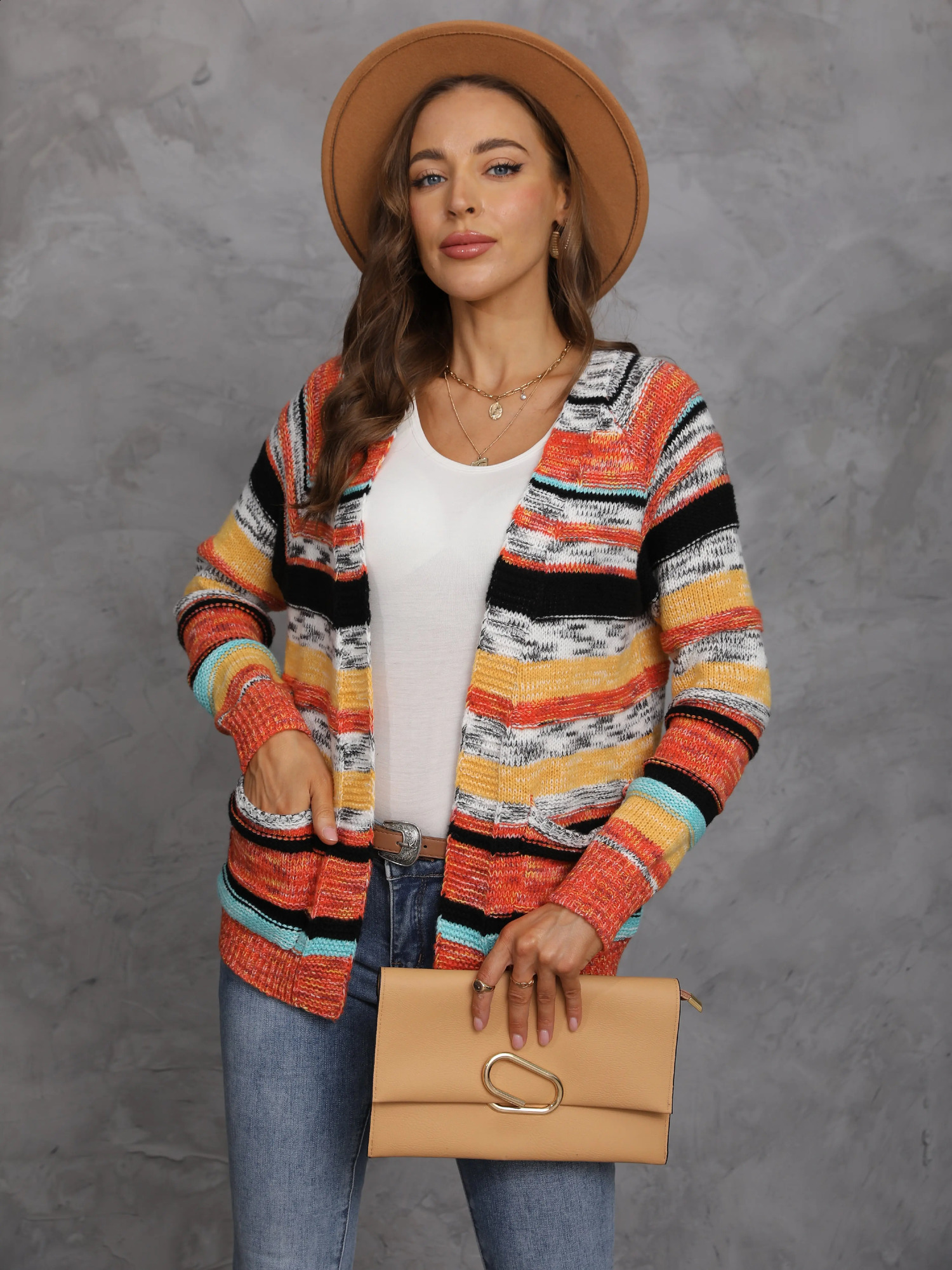 Womens Rainbow Stripes Sweater Knitted Cardigan Korean Casual Coat Spring Autumn Long Sleeve Jacket Shawl Ladies Tops 250118