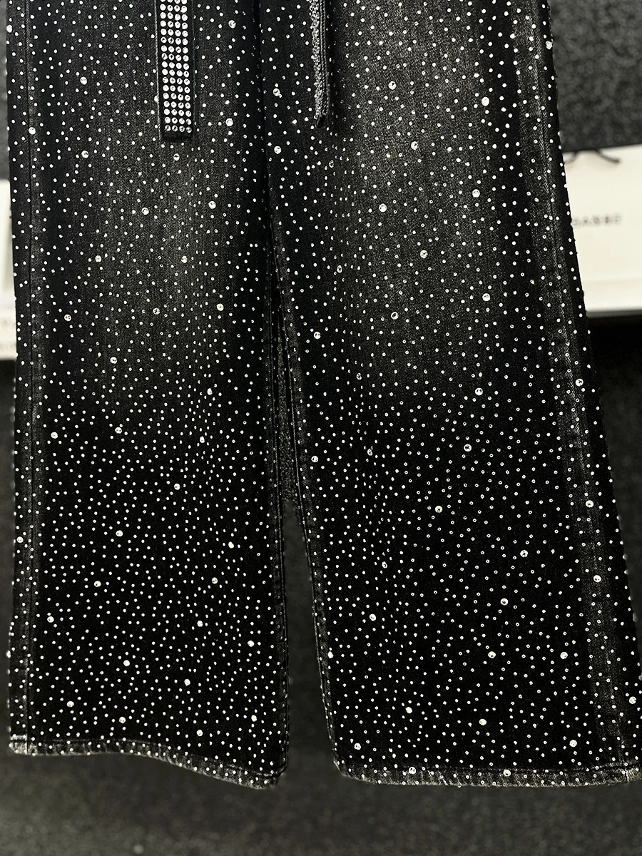 Mens Autumn High-end Fashion Wide-leg Trousers Loose Straight Pants Full Body Diamond Trousers Black Diamond Jeans 250120