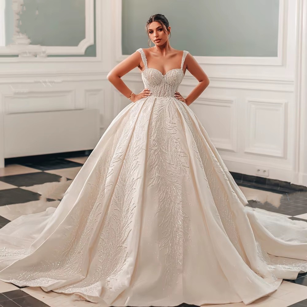 Classic A e Bridal Dress Sequins Wedding Sweetheart Neck Spaghetti Strap Sleeveless Gown Sweep Train Customized Dresses Vestido De Novia