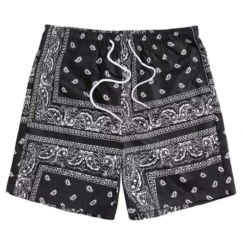 Men'S Boho Waist Paisley Print Wave Pattern Solid Color Drawstring Loose Dry Gym Sports Shorts Spodenki Meskie R250205
