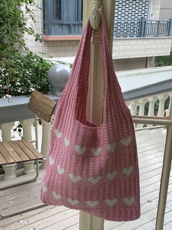 Geometric Love Heart Pattern Crocheted Tote - Durable Casual Shoulder Bag for Women