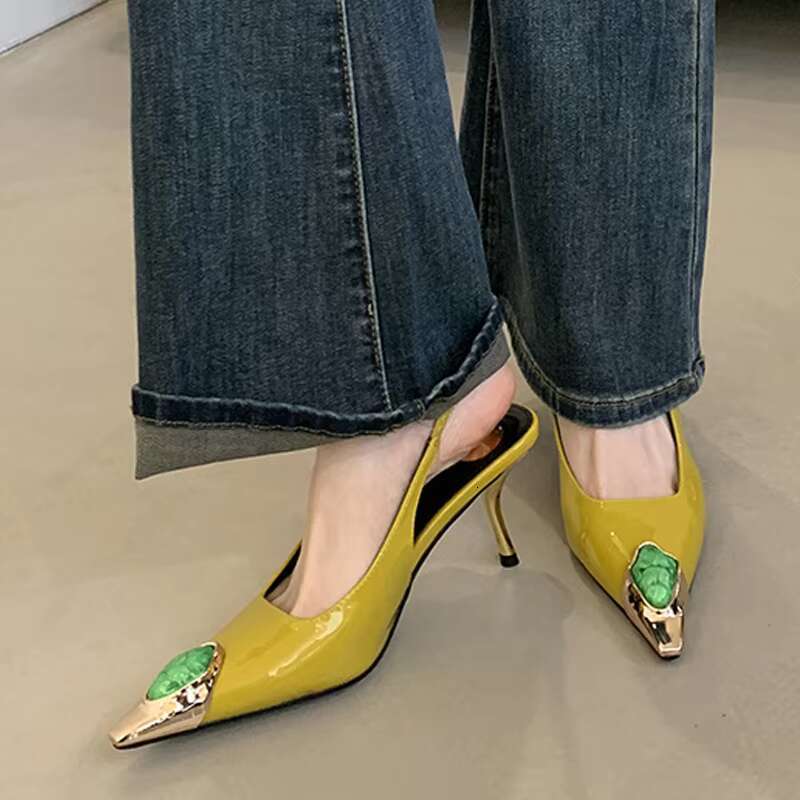 Liyke Fashion Design Inlay Gems Pointed Toe Patent Leather Sexy Sgback Sandals Women Pumps High Heels Wedding Banquet Shoes