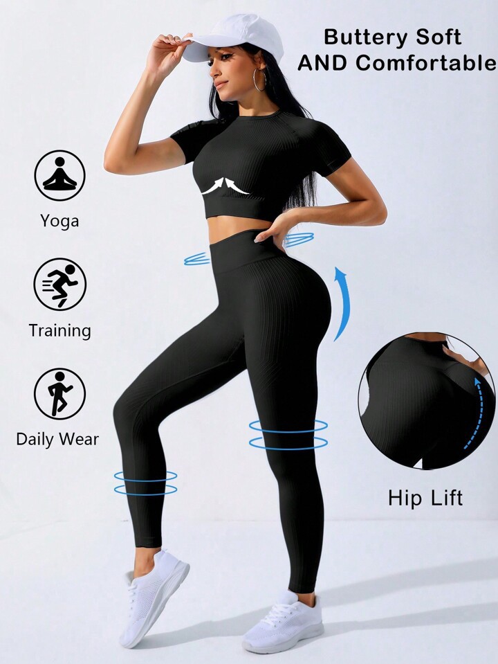 High quality fashionable thread seamless casual yoga set for Western women short sleeved peach hip pants fitness suit training and sports set